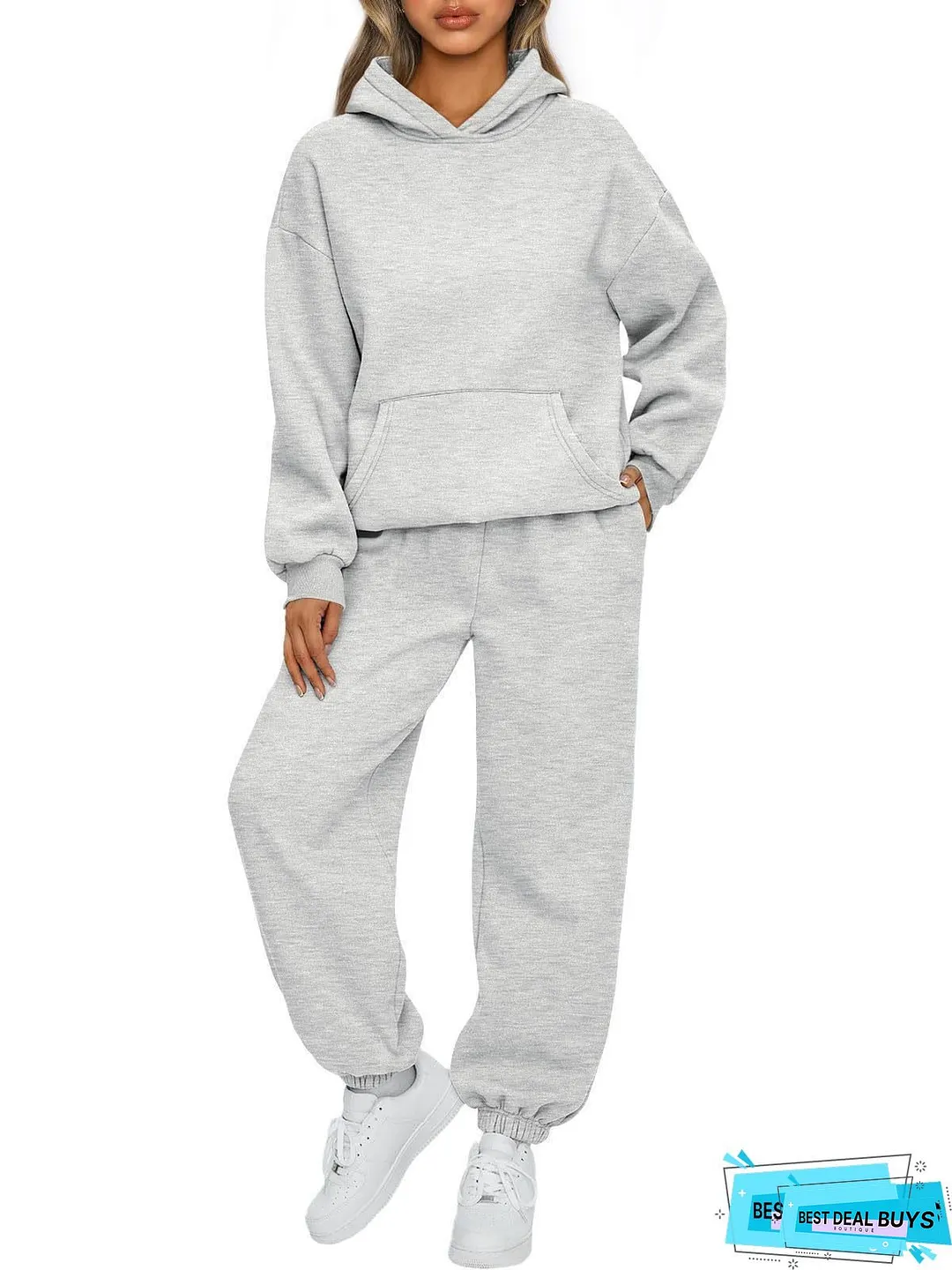 Womens Cozy Fleece Hoodie Jogger Set Black with White Leaf Print Long Sleeve Pullover