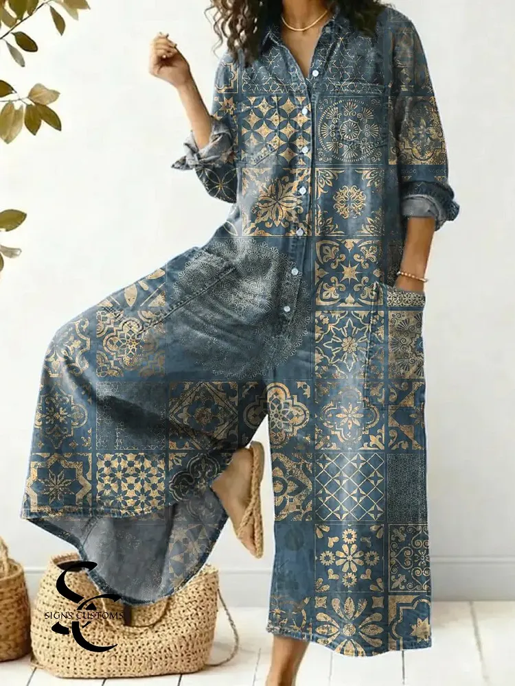 Women's Vintage Pattern Art Print Casual Cotton Jumpsuit