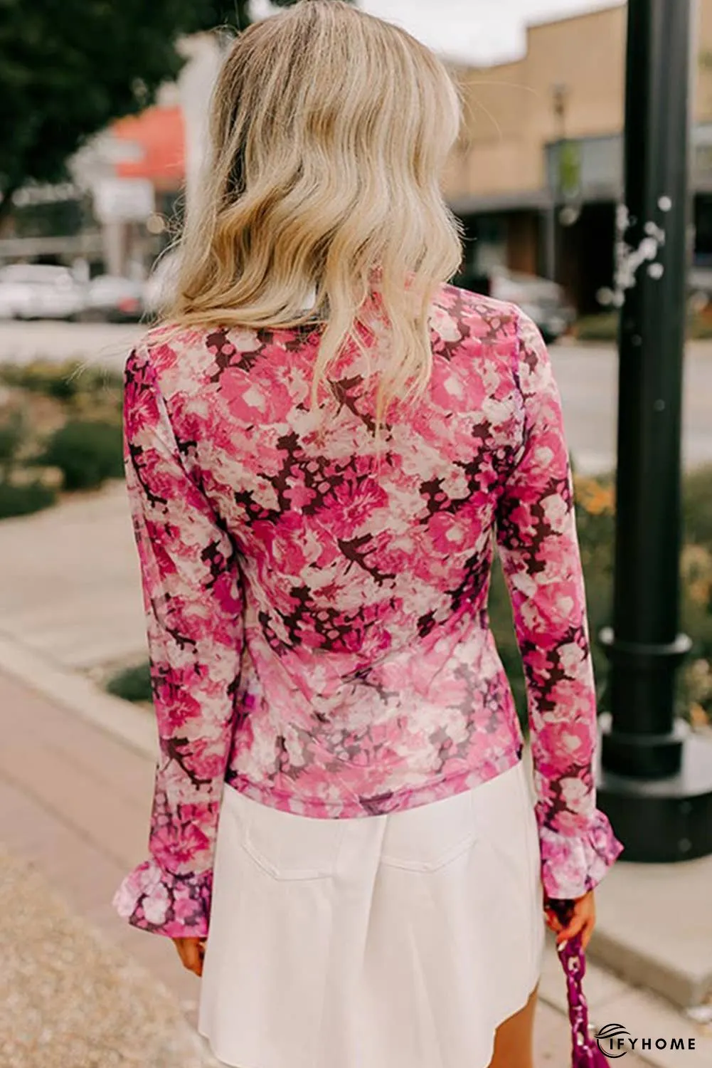 Floral Mesh Flounce Sleeve Mock Neck Blouse | IFYHOME