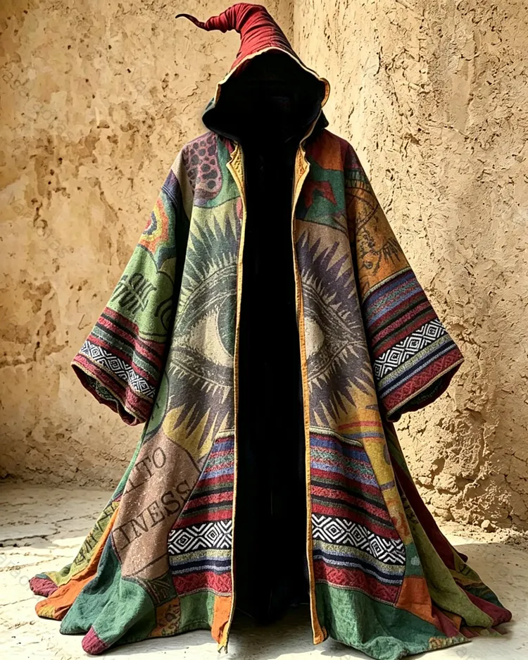 Men's Summer Fashion Boho-Style Embroidered Linen Hooded Cape 4549