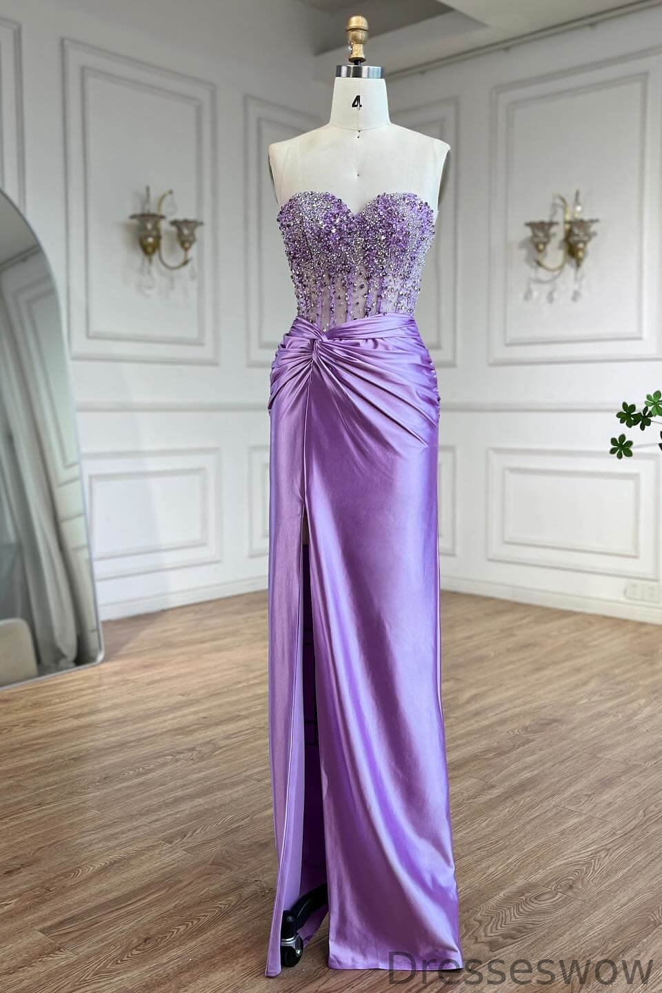 Dresseswow Lilac Sweetheart Sleeveless Mermaid Formal Dresses With Split Sequins Beadings
