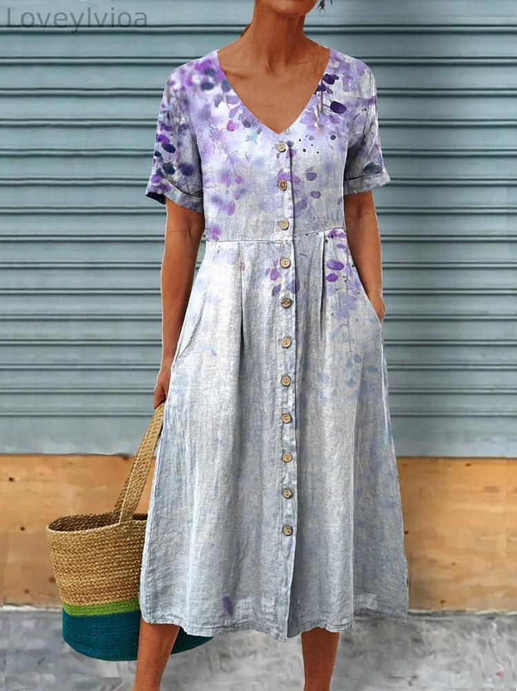 Women's Spring Gradient Flowers Linen Pocket Tunic Dress