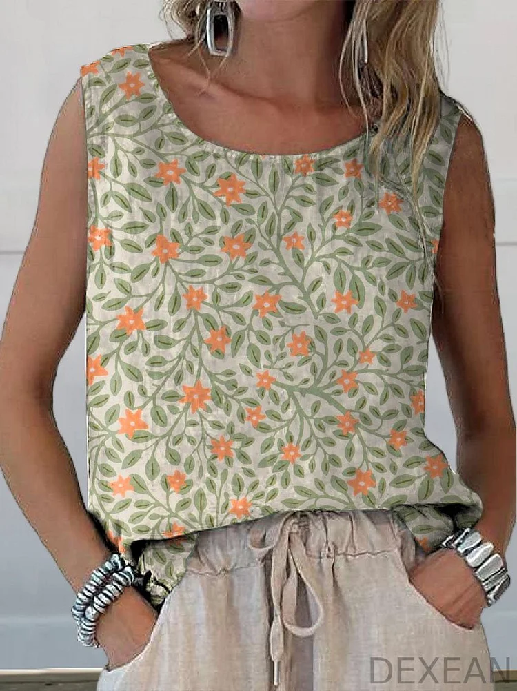 Women's Vintage Elegant Floral Art Print Casual  Cotton And Linen Tank Top