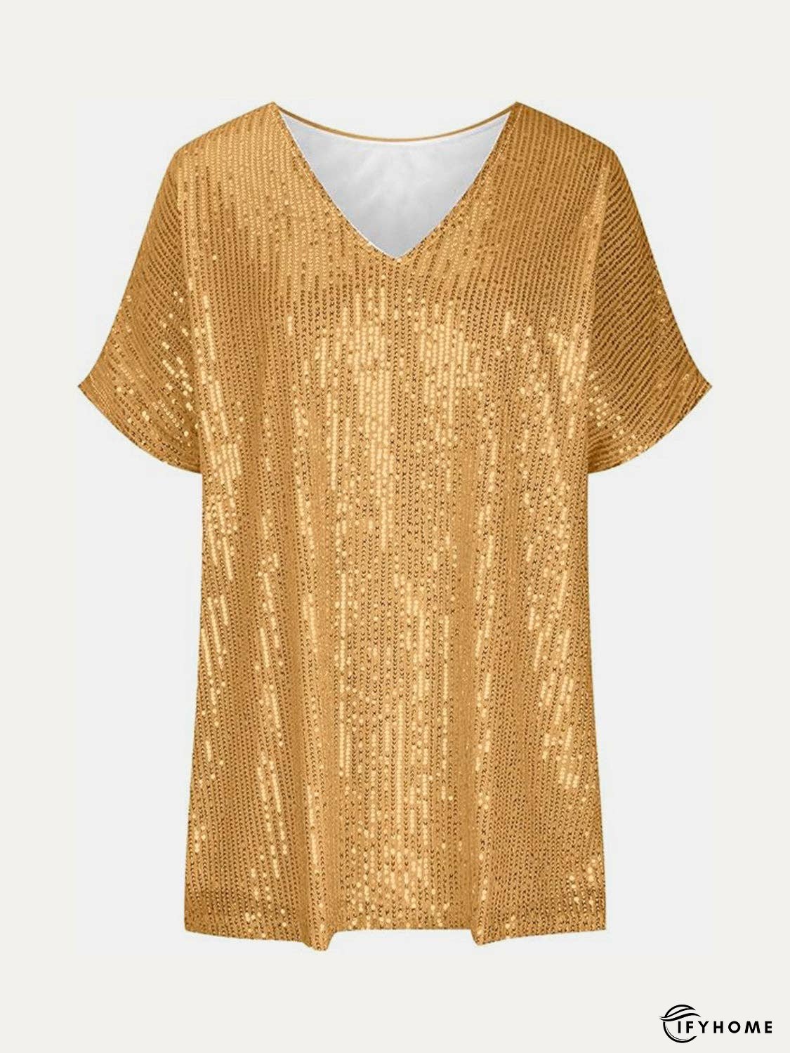 Full Size Sequin V-Neck Short Sleeve Top | IFYHOME