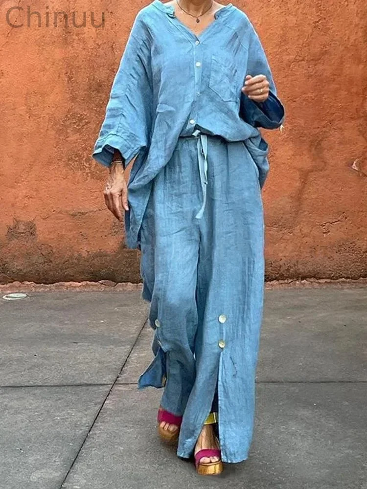 Women's Loose Casual Shirt And Trousers Cotton And Linen Two-Piece Suit