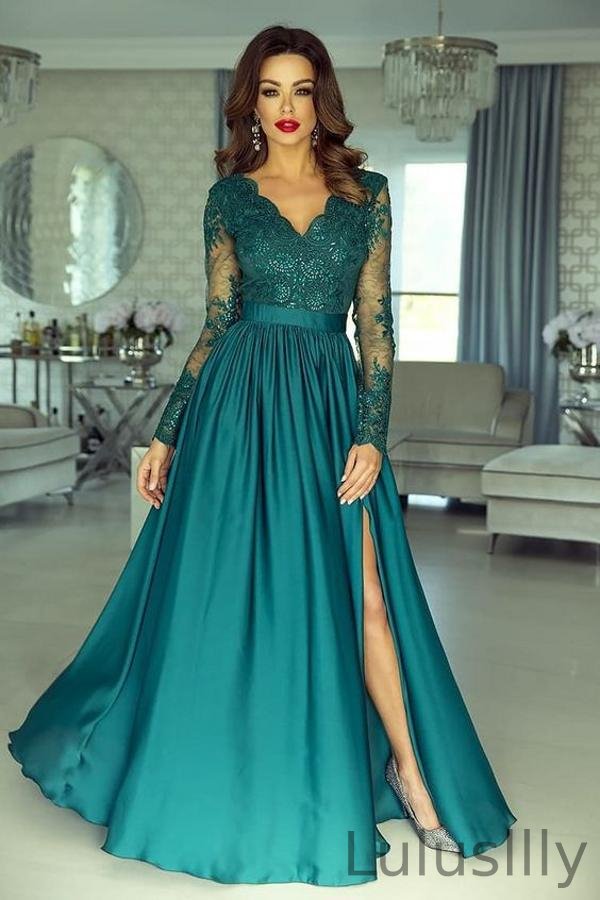 Long Sleeves Dark Green Prom Dress Lace Appliques With Slit - lulusllly