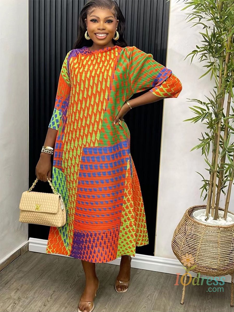 IO Dress ANLAN Geometric Printed Miyake Pleated Women Dress for 2024 New O-Neck Long Sleeve Loose Ankle-Length Dresses High Strecth 5K291