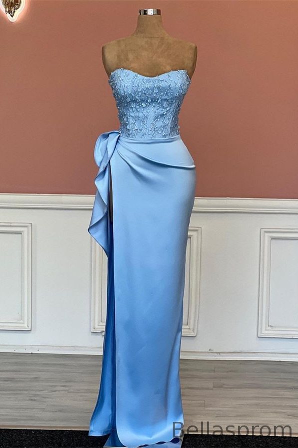 Bellasprom Sky Blue Strapless Evening Dress Long Split With Beads Bellasprom