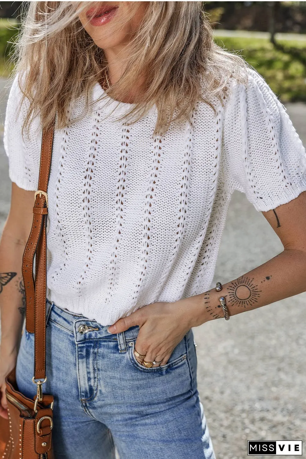 Pointelle Knit Short Puff Sleeve Crewneck Sweater