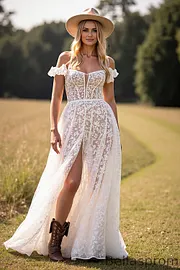 lace boho prom dress Bellasprom Off-the-Shoulder A-Line Lace Wedding Dress Boho Long With Front  Slit
