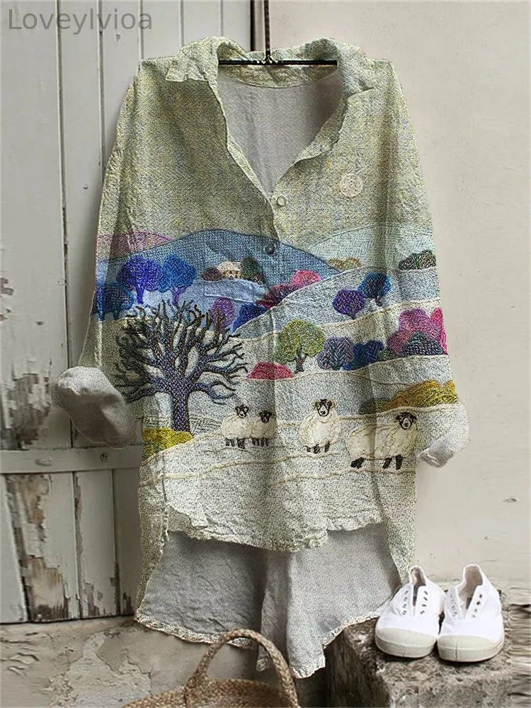Field & Sheep Pattern Linen Long Loose Shirt