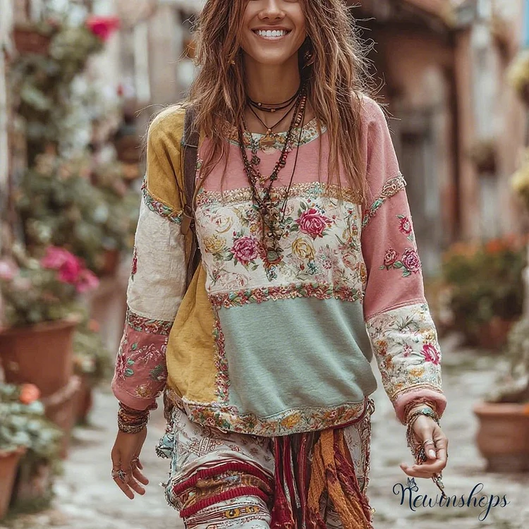 Women's Retro Floral Pattern Comfortable Warm Crew Neck Sweatshirt