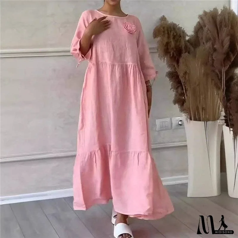 Casual Back Tie Solid Color Round Neck Dress