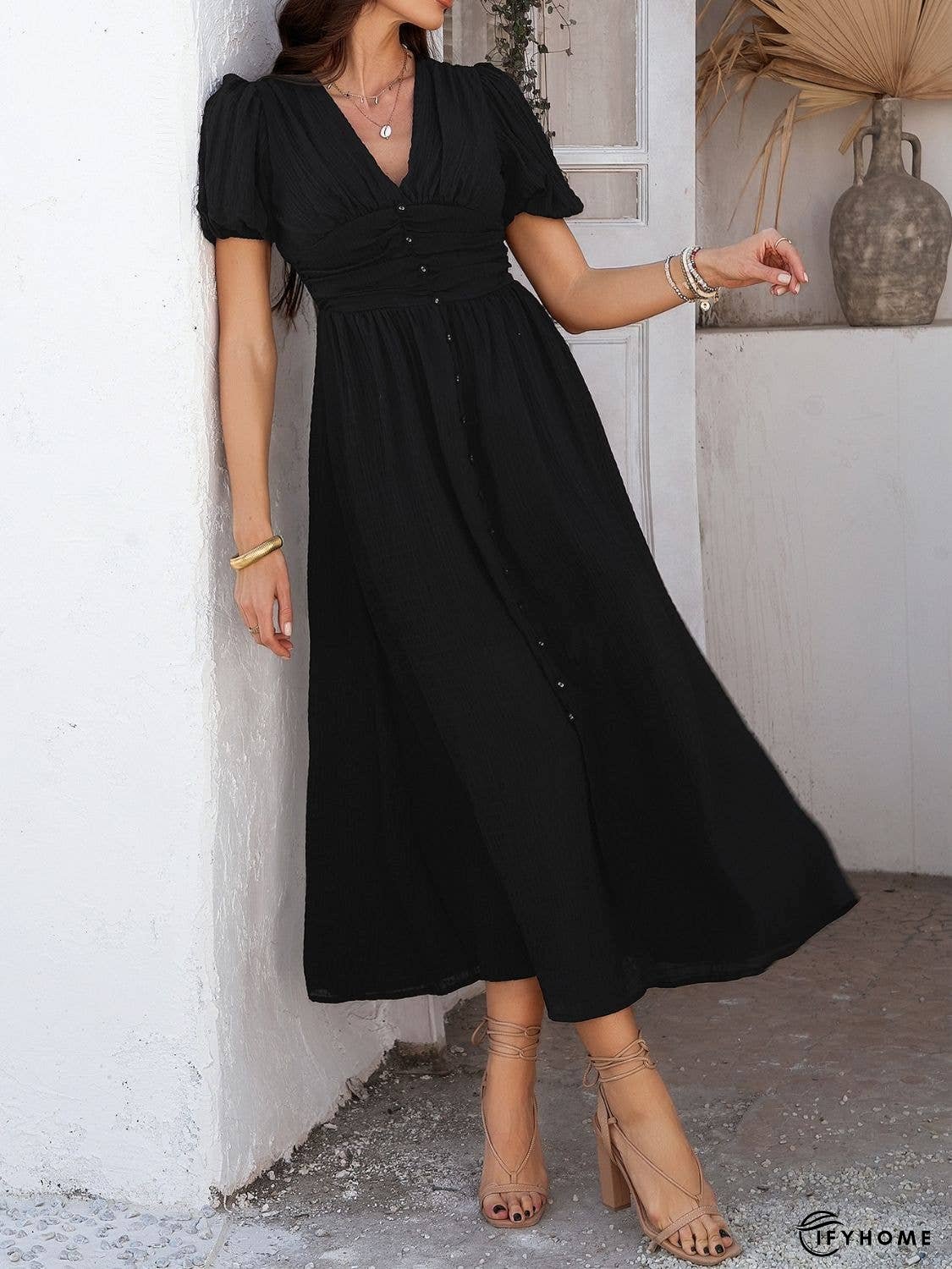 Devine V-Neck Puff Short Sleeve Midi Dress | IFYHOME