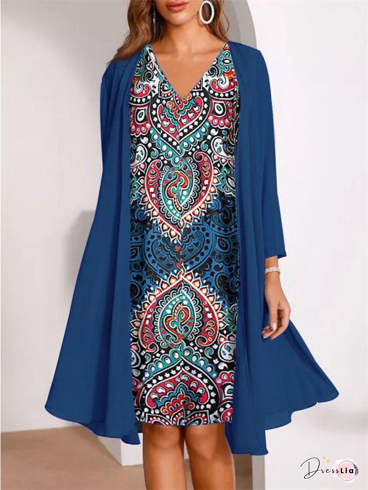 Spring and Autumn Chiffon Two-piece Set 3D Digital Printing Chiffon Shirt Skirt Long Sleeve V-neck Temperament Commuter Casual Suit Dress