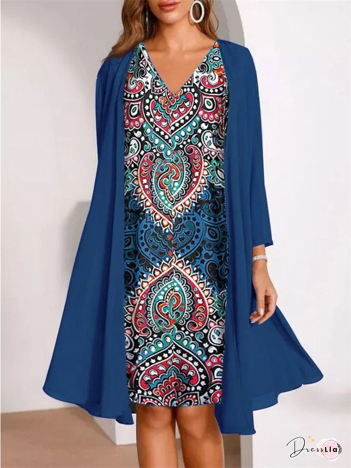 Spring and Autumn Chiffon Two-piece Set 3D Digital Printing Chiffon Shirt Skirt Long Sleeve V-neck Temperament Commuter Casual Suit Dress