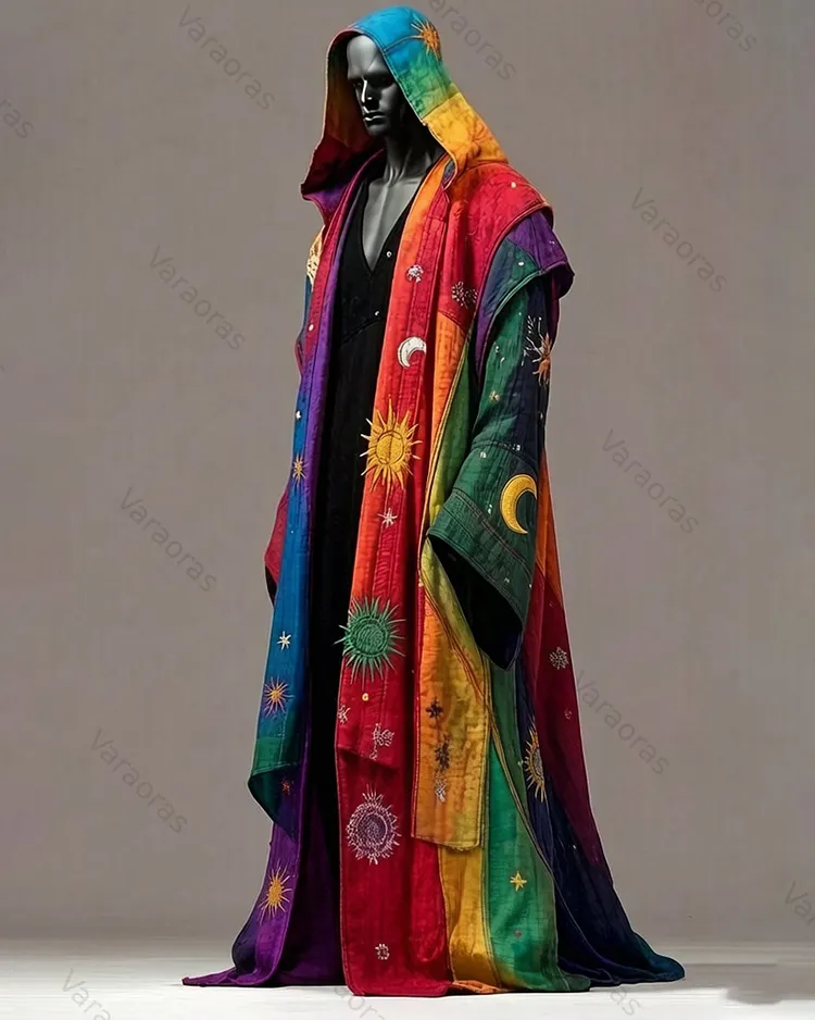 Men's Music Festival-Themed Colorful Star and Moon Embroidered Hooded Cape 8892