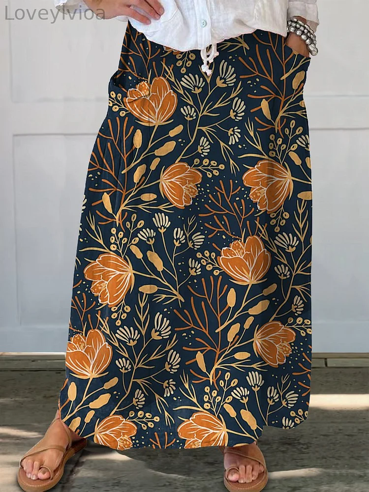 Women's Floral Autumn Linen Pocket Skirt