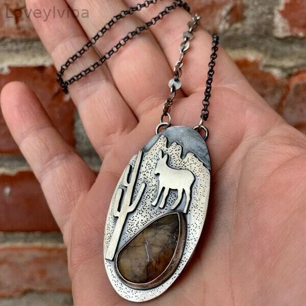 🔥  🔥 Desert Landscape Agate Silver Necklace