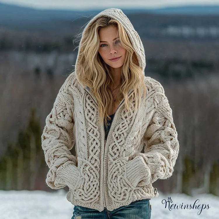Women's Viking Celtic Knot Pattern Cozy Knit Zip Up Hooded Sweater