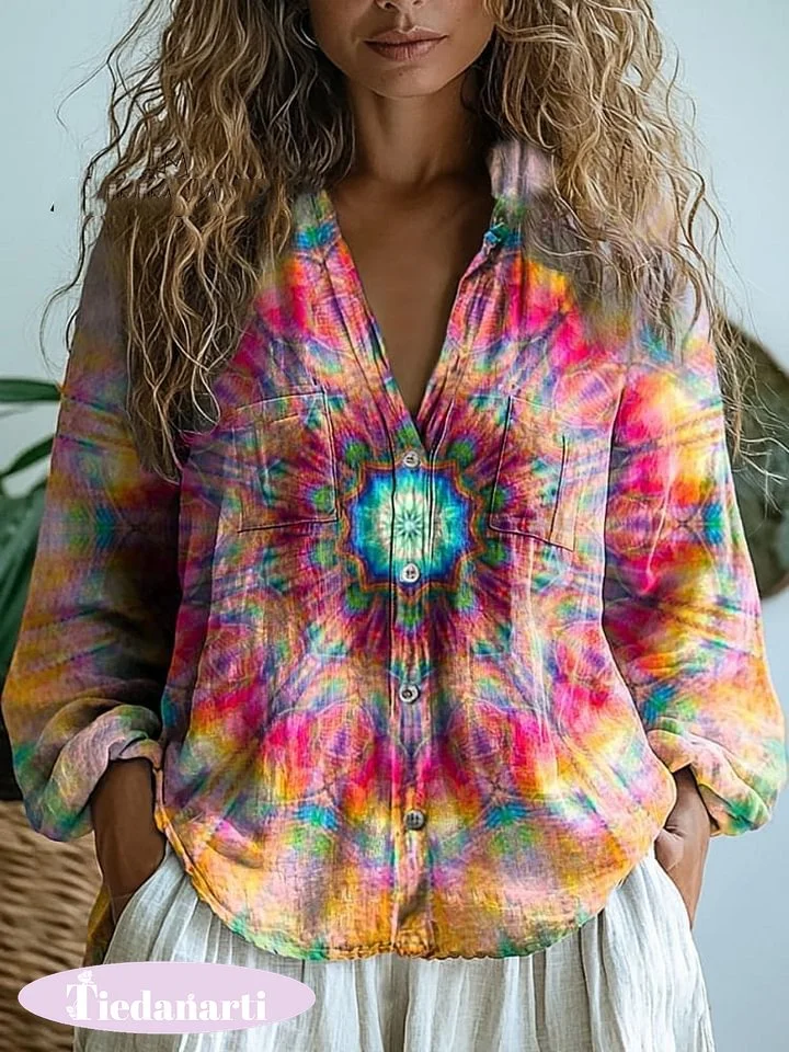 Glowing Mandala Art Printed Women's Casual Long Sleeve Comfortable Cotton Shirt