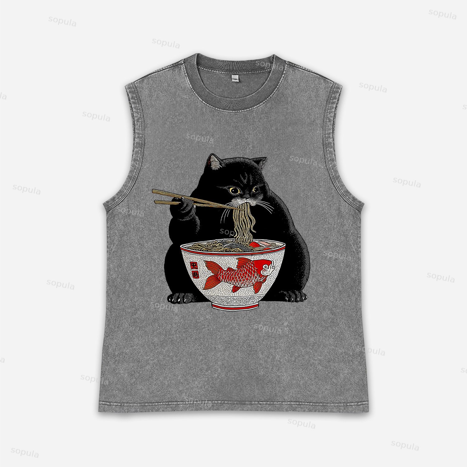 Fat Cat Eating Ramen Acid Washed Tank Top