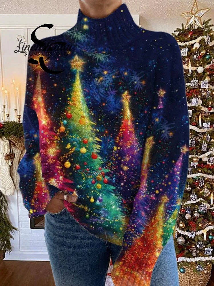 Glitter Christmas Print Knit Turtleneck Pullover Sweater