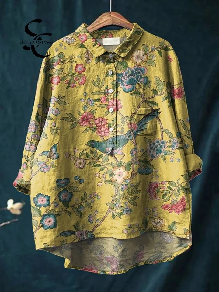 Women's Vintage Floral Birds Art Print Casual Cotton And Linen Shirt