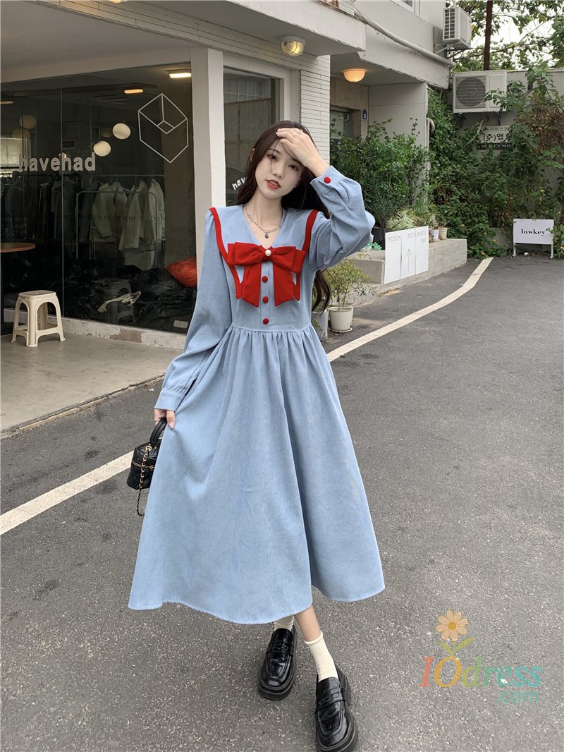 IO Dress Long Sleeve Dresses Women Princess Korean Fashion Bow Design Corduroy Defined Waist Midi Vestidos Autumn Elegant All-match Ins
