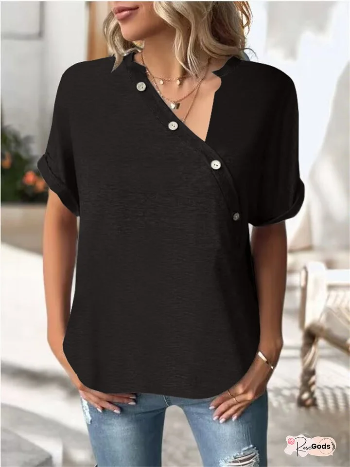 Spring and Summer Women's New V-neck Tops Solid Color Diagonal Twist Button Fashion Loose Type Short-sleeved Women