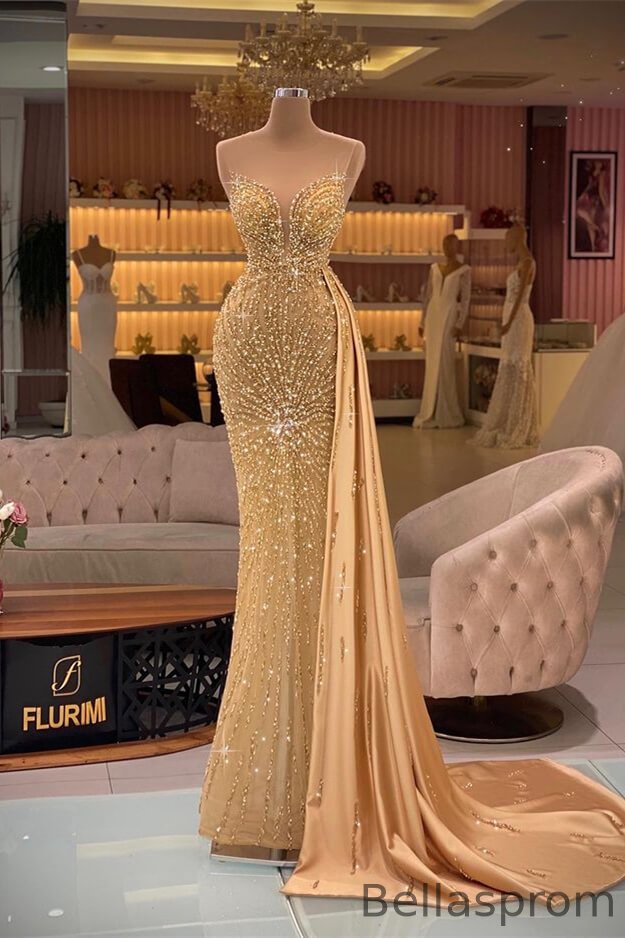 Bellasprom Sheer Sleeveless Mermaid Prom Dress Ruffle With Beadings Bellasprom