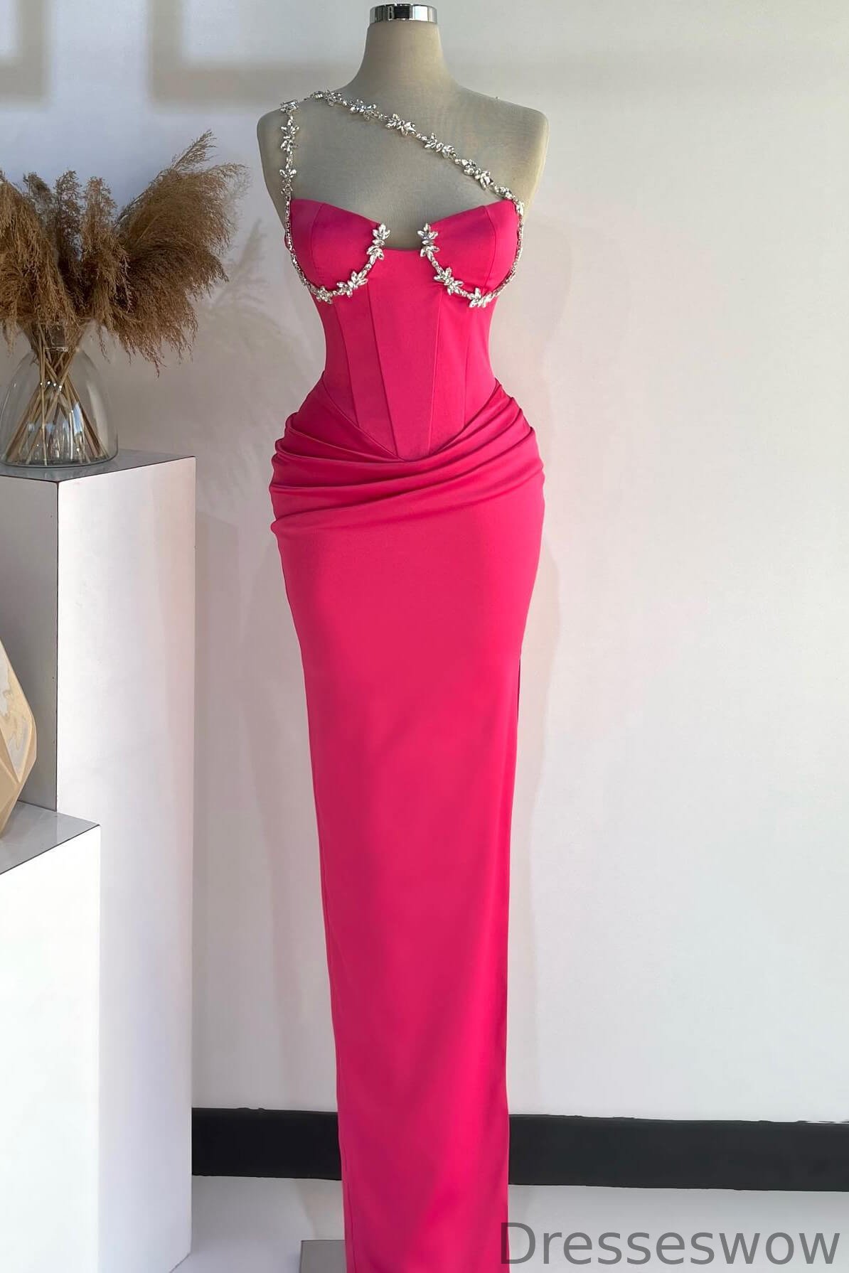 Dresseswow Fuchsia One Shoulder Sleeveless Mermaid Evening Dress With Crystals Long