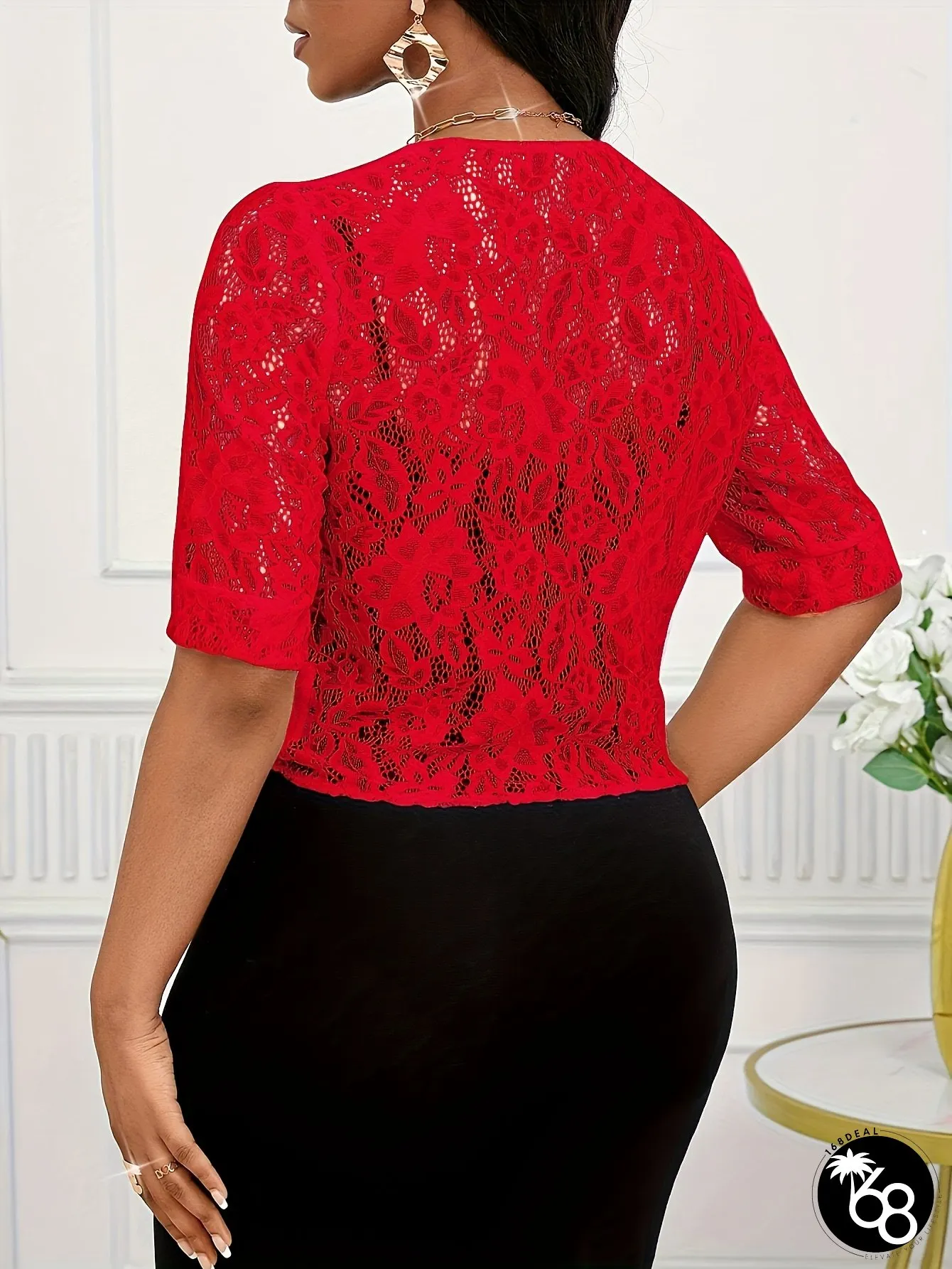 Elegant Red Lace Top with Tie Waist Versatile Short Sleeve Blouse for Women Polyester | 168DEAL