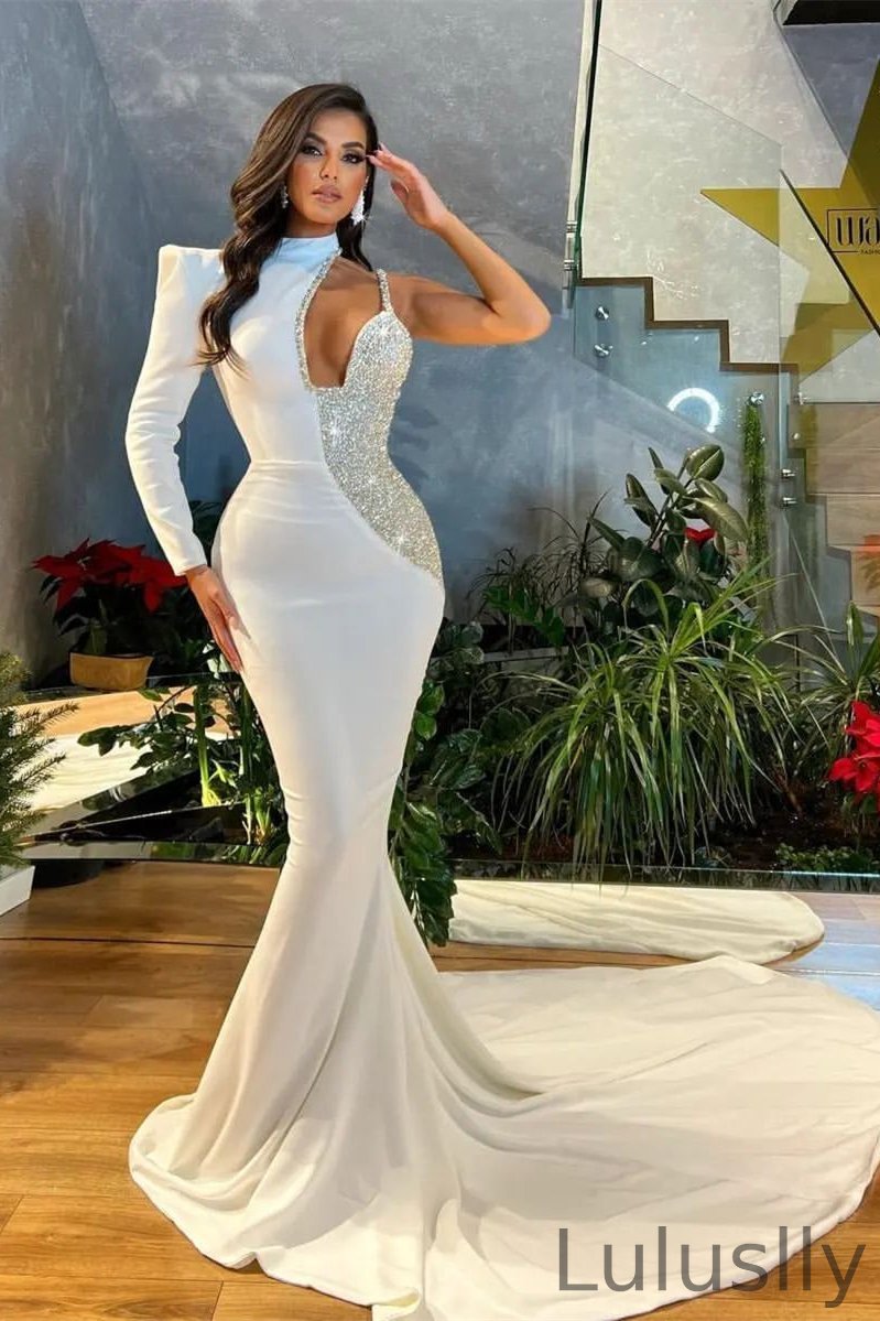 Luluslly White Long Sleeves One Shoulder Prom Dress Mermaid With Beads