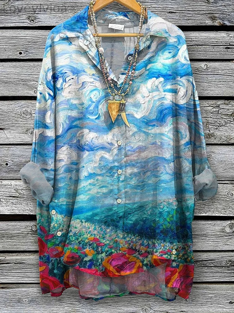 Women's Flowers Painting Art Print Casual Cotton And Linen Shirt