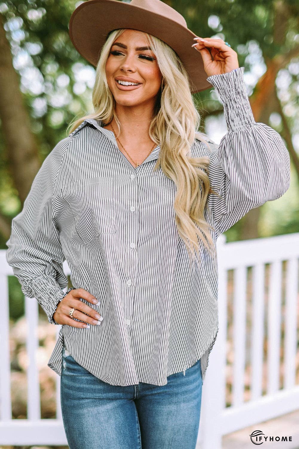 Striped Lantern Sleeve Collared Shirt | IFYHOME