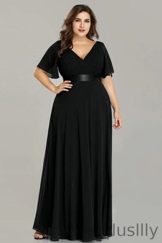Elegant V-Neck Plus Size Chiffon Evening Dress With Short Sleeves - lulusllly
