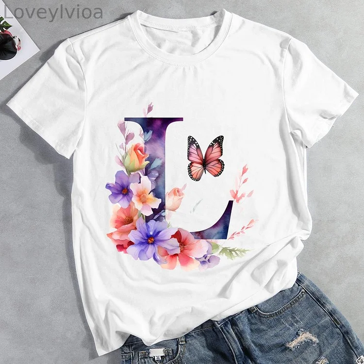 Butterfly Alphabet L Round Neck T-shirt