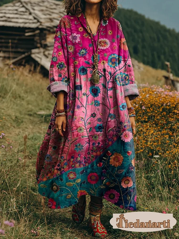 Women's Vintage Floral Print Artistic V-neck Long-sleeve Cotton Pocket Dress