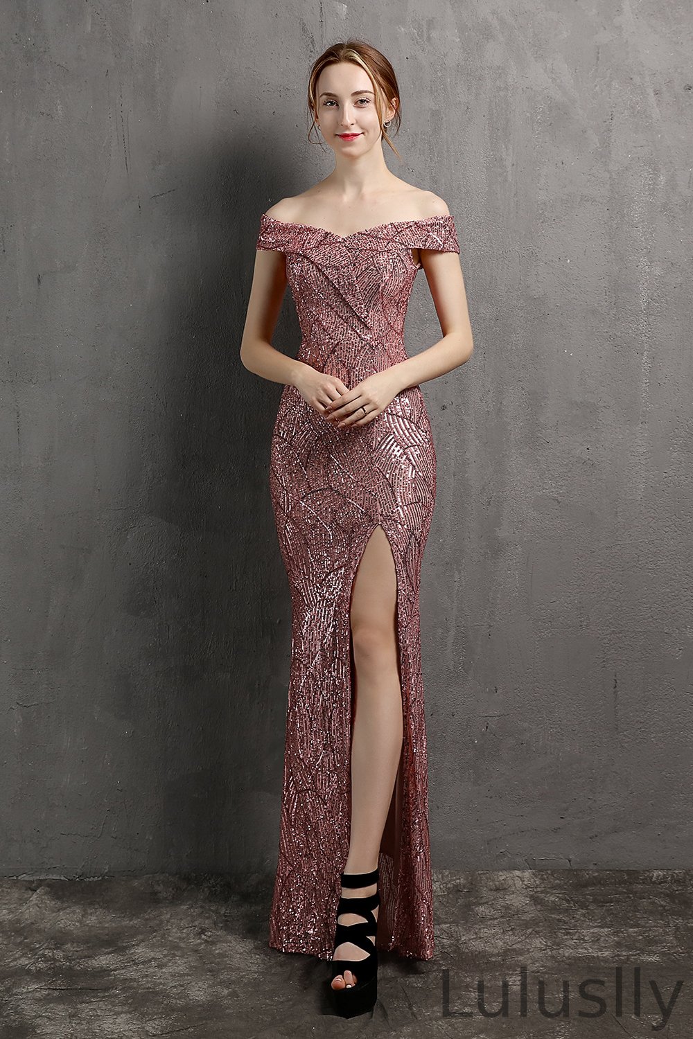 Luluslly Off-the-Shoulder Sequins Evening Dress Mermaid Long With Slit YE0067