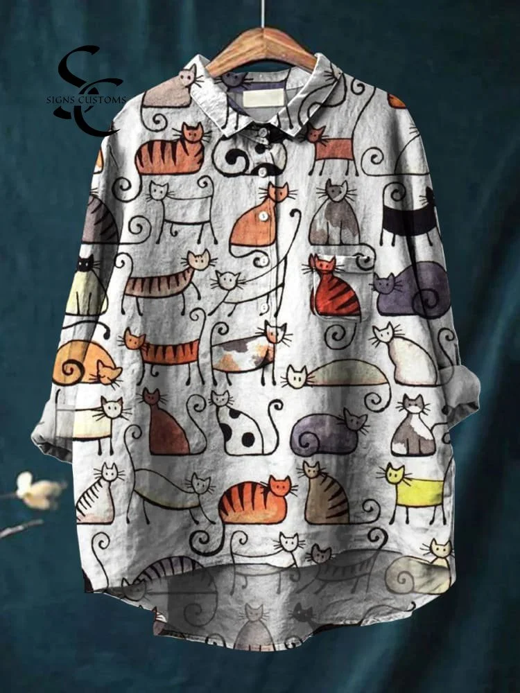 Women's Cute Cat Art Print Casual Cotton And Linen Shirt