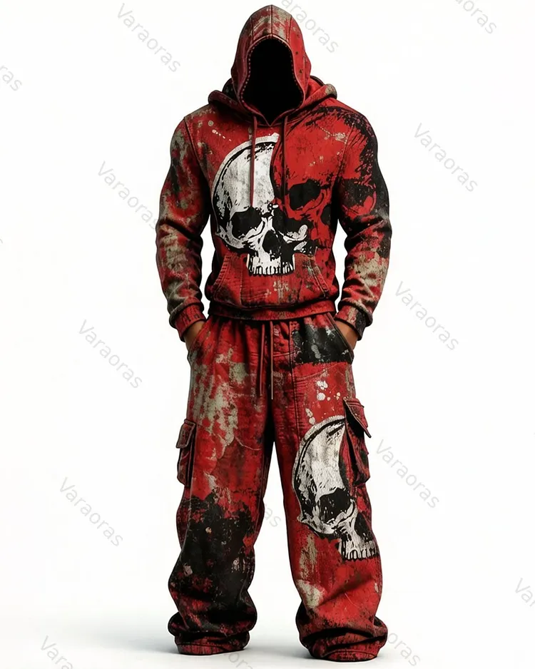 Men's Fashion Skull Contrast Color Embroidered Hoodie & Pants Two-Piece Set 3842