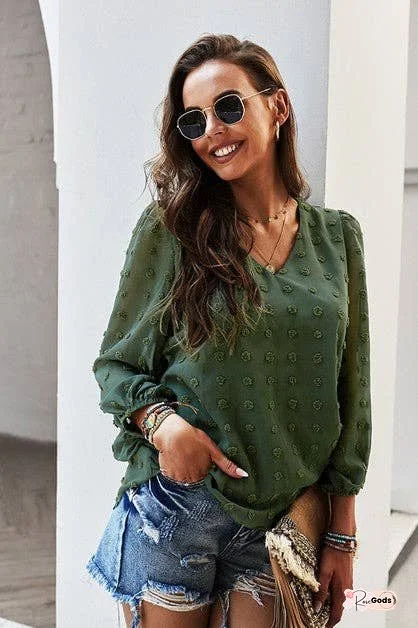 V Neck Solid Swiss Dot Lantern Sleeve Shirt
