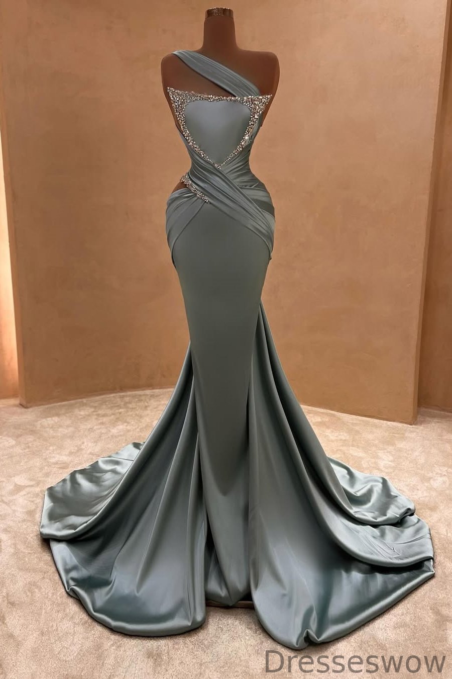 Dresseswow Silver One Shoulder Sleeveless Mermaid Prom Gown With Crystals Beadings Ruffles