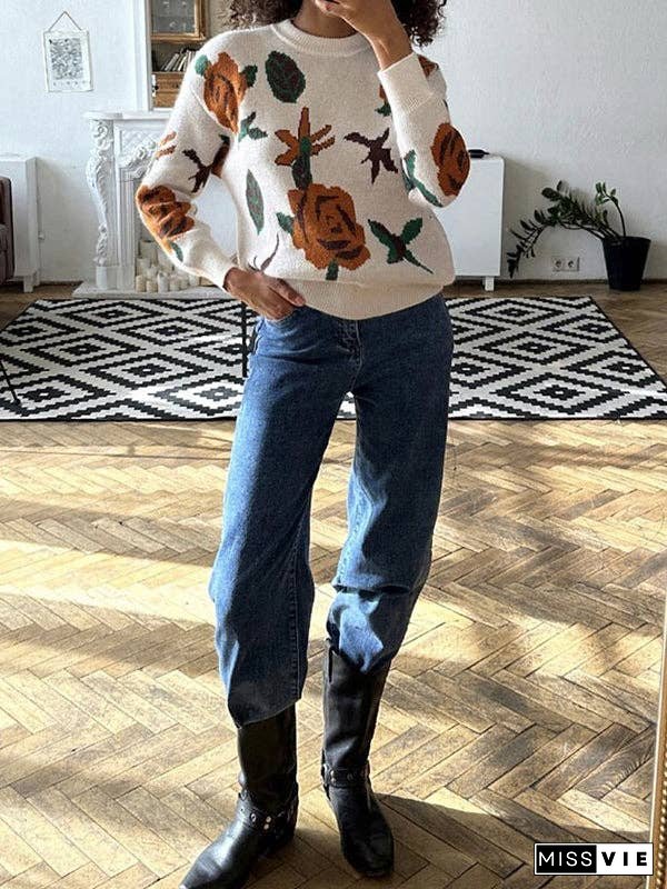 Long Sleeves Loose Flower Print Round-Neck Pullovers Sweater Tops