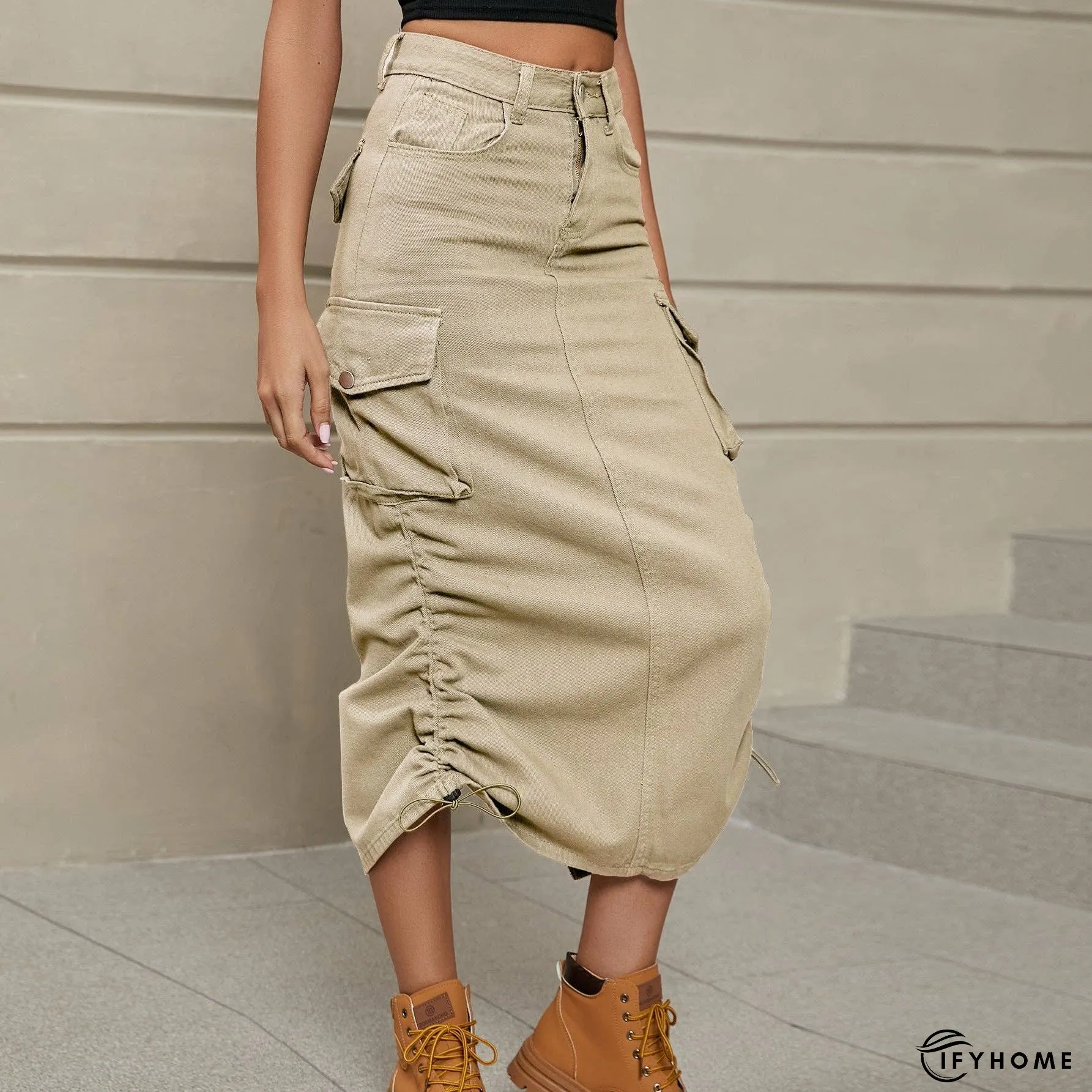 Drawstring Ruched Slit Denim Midi Skirt | IFYHOME