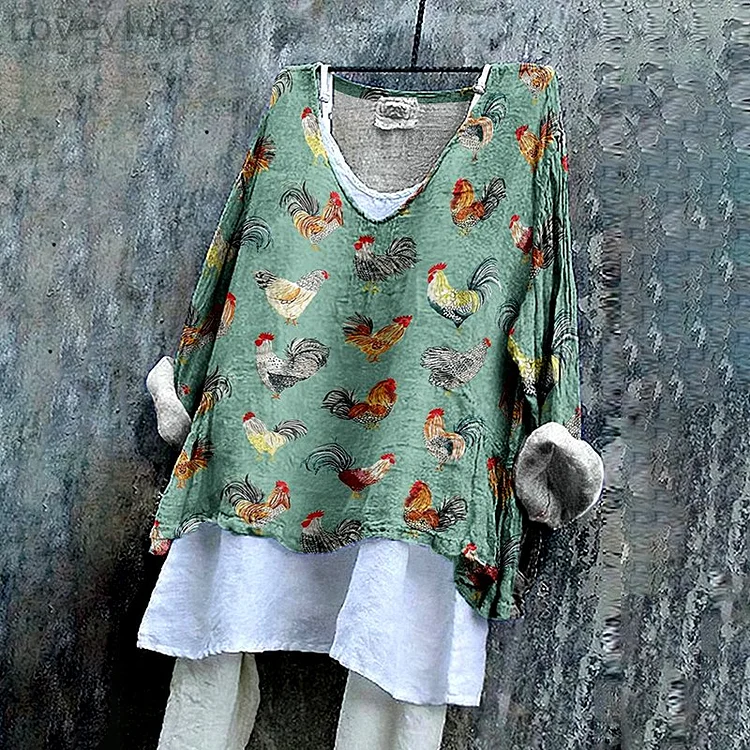 Vintage Chicken Print Cozy Linen Blend Tunic