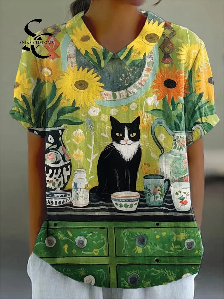 Women's Black Cat And Vase On The Cabinet Illustration Art Print Casual Cotton And Linen Shirt