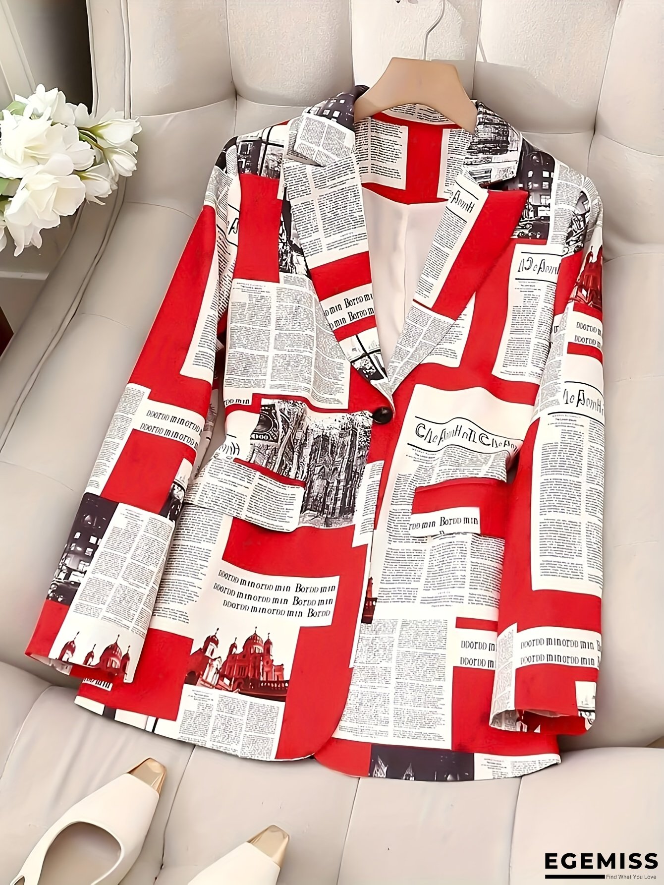 Women's Newspaper Print Blazer Jacket - Red/Black/White Office Coat, Loose Fit Lapel Jacket for Business, Casual, Everyday - Machine Washable Professional Outerwear, Seasonal Fashion, Retro Style Clothing, Singlebreasted Closure | EGEMISS