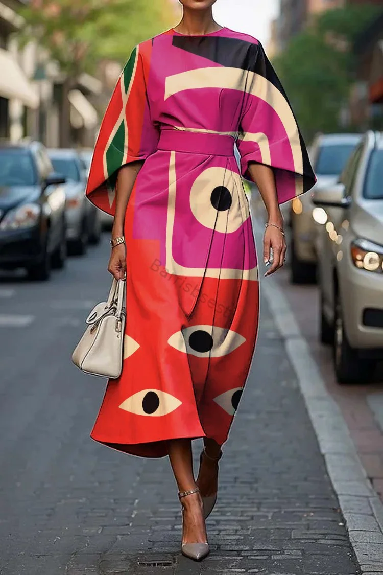 Women's Elegant Abstract Art Print Midi Dress